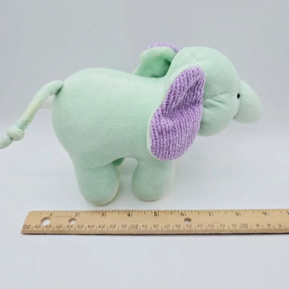 Oshkosh Vtg Green Elephant Baby Plush Toy Rattle Purple Crinkle Ears